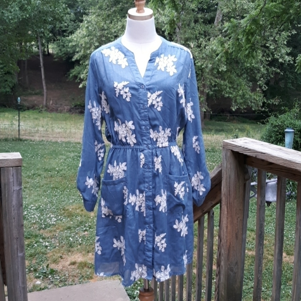 Beige By Eco Blue Dress Boho Hippie Peasant Style